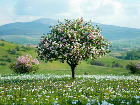 Blossoming tree stands in lush meadow filled with wildflowers, set against backdrop of rolling hills and distant mountain under partly cloudy sky - Powered by Adobe
