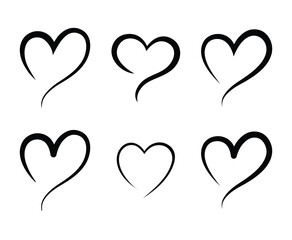 Set of hearts in black color, heart icons set vector, set of hearts different shapes for design. Heart collection. Vector art. Heart, love, romance hearts. Vector icons. Hand drawn hearts tattoo set