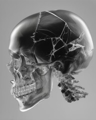 X-ray image of a damaged human skull with visible fracture lines, forensic-style rendering, clean grayscale tone, no enhancements