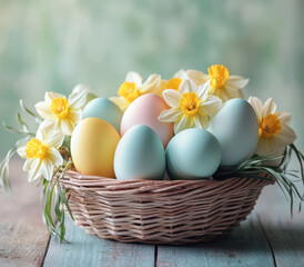 Wicker basket filled with pastel colored Easter eggs and bright daffodils creates cheerful springtime scene. soft colors and fresh flowers evoke sense of renewal and celebration