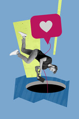 Art image vertical pop photo collage of happy man blogger surf laptop fall hole addicted social network like reaction feedback