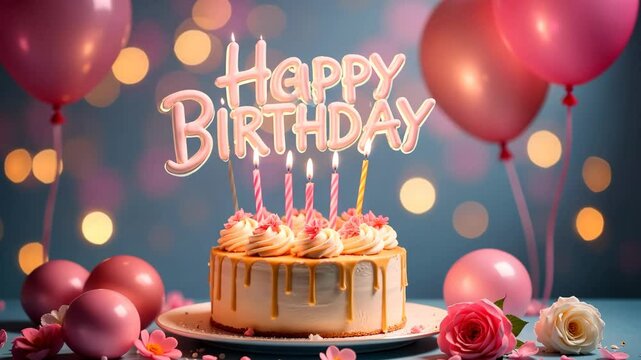 Decorated birthday cake with pink frosting, candles and happy birthday topper surrounded by balloons and flowers, soft bokeh effect, festive atmosphere, party concept, celebration, event decor. 