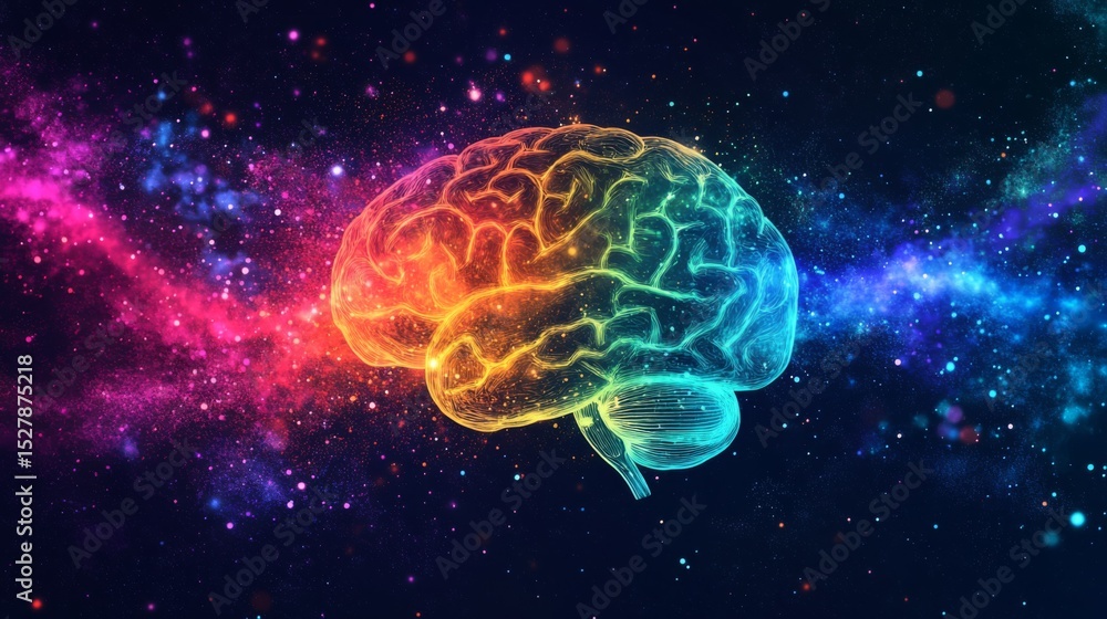 Poster A captivating image of a brain illuminated by colorful lights, creating a dynamic effect that symbolizes creativity, innovation, and cognitive function.