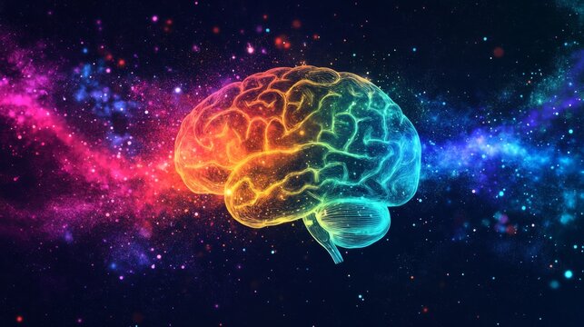 A captivating image of a brain illuminated by colorful lights, creating a dynamic effect that symbolizes creativity, innovation, and cognitive function.