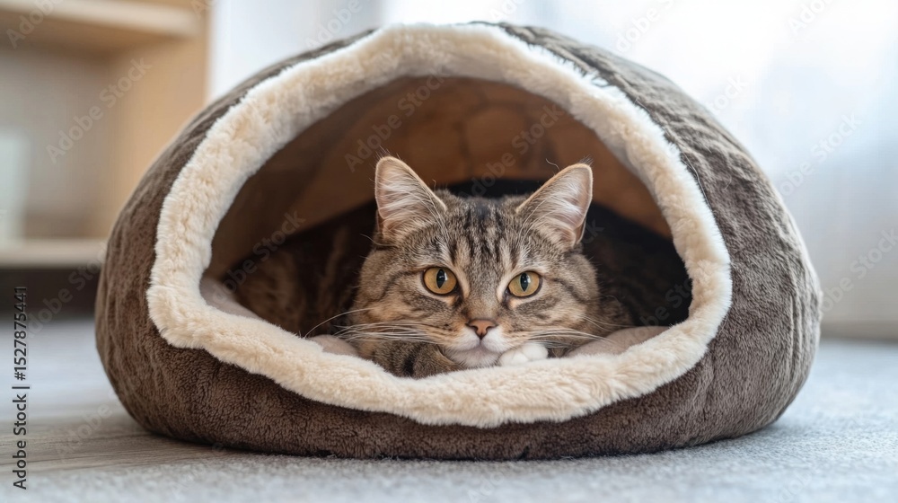 Aufkleber a cat resting inside a dome-shaped cat bed with a soft plush interior
