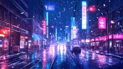 Obraz premium Neon-lit city street at night, snowing and raining, vibrant colors