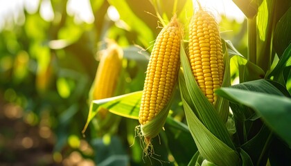 Close-up captures the vibrant yellow corn cobs growing in a lush green cornfield on a sunny day.