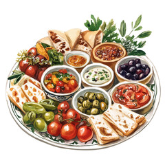 Mediterranean Mezze Platter, watercolor vector, high quality, isolated on a white background.