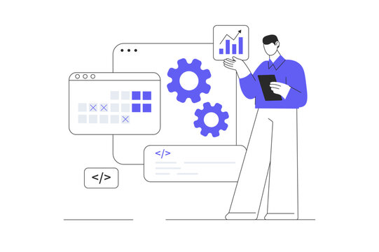 Web Services schedule. AI based email campaign, Businesses use email automation to schedule and trigger customer. Flat Cartoon Vector Illustration, icon. Stylish abstract design landing page