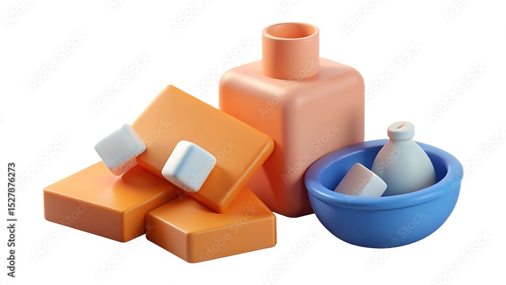 Poster abstract 3d render of pastel colored geometric shapes and objects isolated on white background
