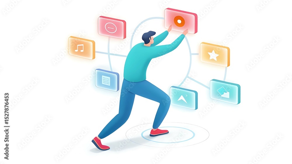 Poster man interacting with digital interface icons isolated on white background