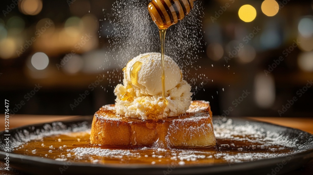 Poster a close-up of a beautifully presented honey toast topped with a scoop of vanilla ice cream, drizzled