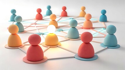 Network of colorful people figures with central illuminated leader isolated on white background