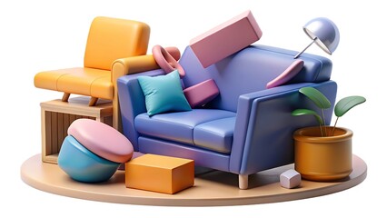 Stylish 3d rendered living room furniture set isolated on white background