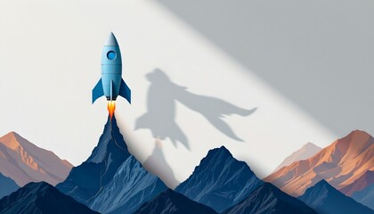 innovation & teamwork (rocket) "mission teamwork: rocket shadow connecting paper people, minimalist composition, text space left"