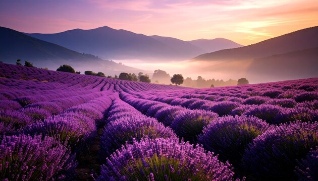 Misty lavender valley shrouded in twilight fog, deep violet shadows stretch across rolling hills beneath a brooding sky, serene and cinematic 