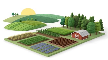 Sustainable farmland with solar panels and barn isolated on white background