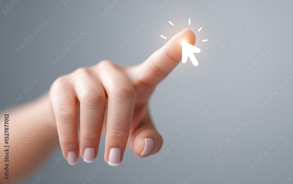 Aufkleber close up of hand with finger pointing and cursor icon clicking on fingertip symbolizing customer int