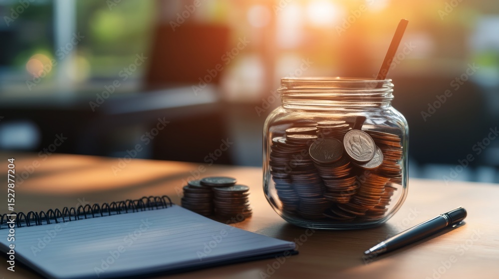Poster a close-up of a clear glass jar filled with coins, placed on a wooden table with a notepad and a pen