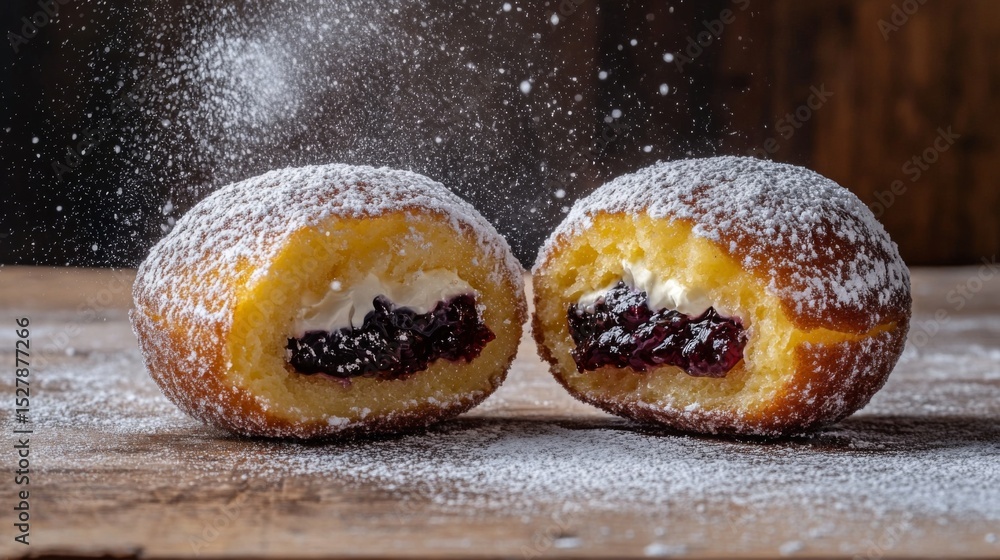 Poster A close-up of a filled donut being cut in half, revealing its delicious jam or cream filling, with powdered sugar dusted on top for a mouthwatering effect.
