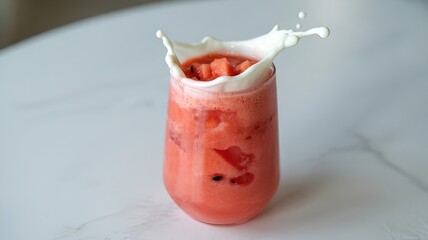 Watermelon smoothie with fresh milk in a clear glass on a white background.