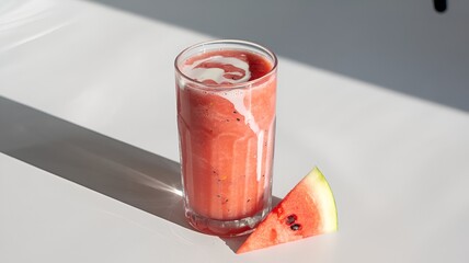 Watermelon smoothie with fresh milk in a clear glass with milk poured over it and watermelon on the side on a white background.