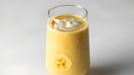 Banana smoothie with fresh milk in a clear glass with milk poured on a white background