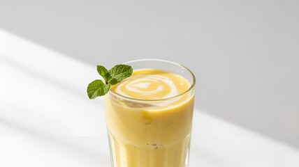 Banana smoothie with fresh milk in a clear glass with milk and a flower on the rim of the glass on a white background.