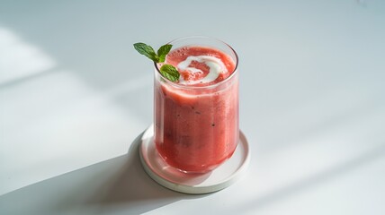 Watermelon smoothie with fresh milk in a clear glass with a water lily flower on the rim of the glass on a white background.