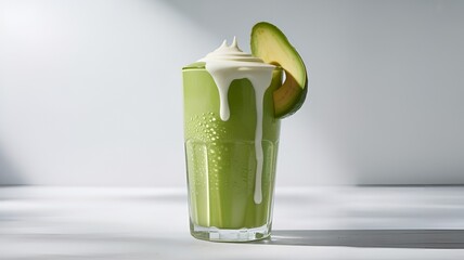 Avocado smoothie with fresh milk in a clear glass with avocado on the rim of the glass on a white background.