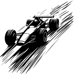 a black and white drawing of a car racing down a hill black, car, drawing, drive, hill, illustration, race, race car , Generative art.