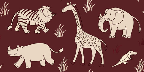 cartoon, animals, seamless, pattern, wild, vector, illustration, children, funny, design, playful, kids, elephants, giraffes, zebras, horses, camels, cute, baby, safari, jungle, fabric, textile, backg