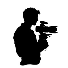 a black and white silhouette of a man holding a camera on a tripod black, camera, hold, man, photographer, picture, silhouette, tripod, video camera , Generative art.
