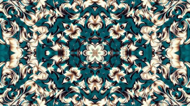 Seamless looping animation of ornate baroque pattern in symmetrical floral style with teal and cream color tones, luxurious classical decorative textile design