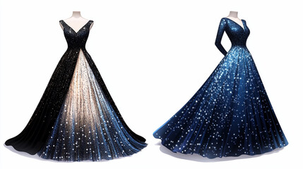 Two stunning gowns are displayed, one featuring a black bodice transitioning to a shimmering white and blue skirt, and the other a long-sleeved, deep blue gown twinkling with countless star-like