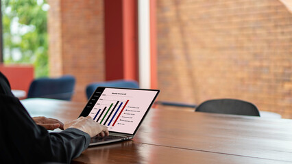 Business performance analysis concept, professional analyzing financial growth data with charts on laptop, highlighting monthly revenue trends.