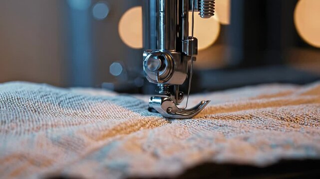 Detailed close-up of industrial sewing machine stitching fabric with precision under warm studio light, representing craftsmanship, fashion production, and textile work