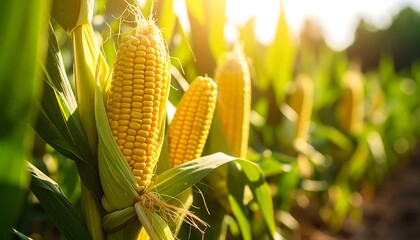 Close up of ripe corn cobs in a vibrant plantation at sunset, capturing agricultural abundance.