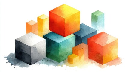 Obraz premium A watercolor painting of various colorful geometric cubes and rectangles arranged together.