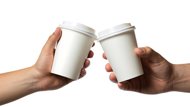 Two hands holding white coffee cups isolated on white background
