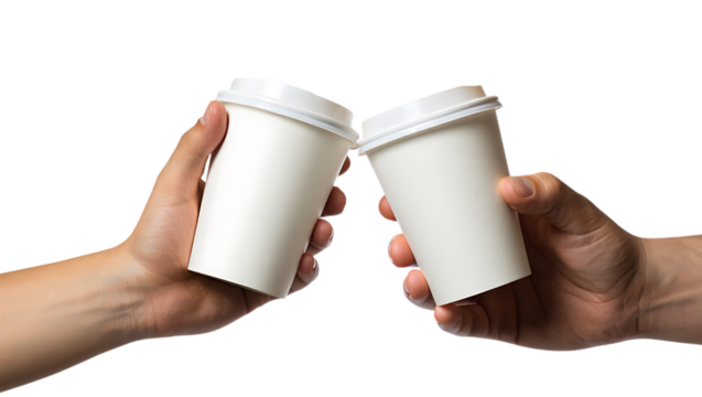 Two hands holding white coffee cups isolated on white background