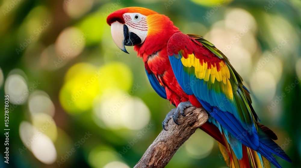 Poster a close-up of a parrot perched on a branch, showcasing its bright feathers and playful expression ag