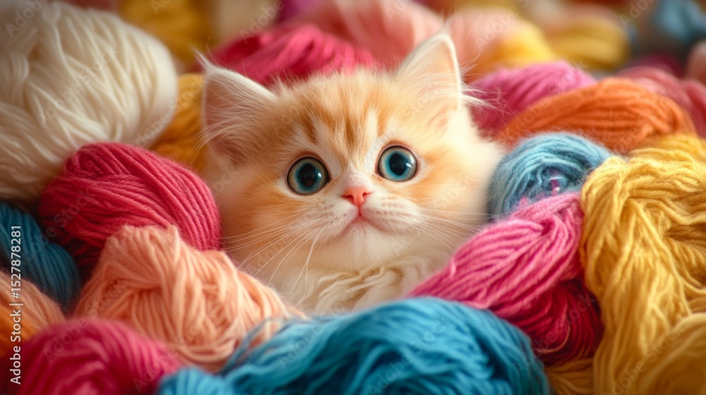 Poster A close-up of a round-faced cat with big, expressive eyes, nestled in a pile of colorful yarn, creating a delightful and charming composition.