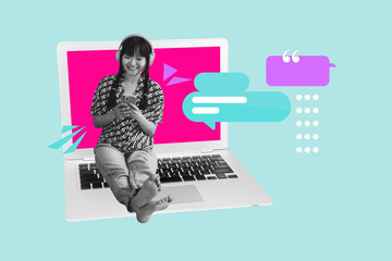 Pop zine 3d image collage of two happy girl guy sit laptop keypad communication speech dialogue...