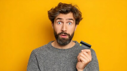 A man with a beard holds up a credit card, appearing concerned against a yellow backdrop.