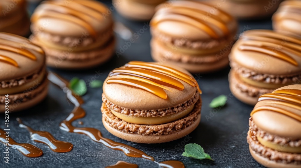 Poster A close-up of caramel-flavored macarons with a glossy caramel drizzle on top, arranged neatly on a dark stone surface with caramel sauce swirled around.