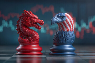 Chess pieces in the shape of a Chinese dragon and American bald eagle against a blurred background of stock quotes. Superpower confrontation and geopolitics concept. Digital illustration for poster 