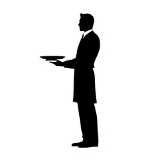 a black silhouette of a man in a suit holding a tray in his hand black, hand, hold, man, plate, silhouette, stand, suit, tray, waiter , Generative art.