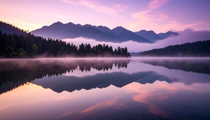 Fototapeta premium Silent lake mirroring pale lilac skies, distant mountains dissolve into dusk fog, the air thick with mystery and stillness