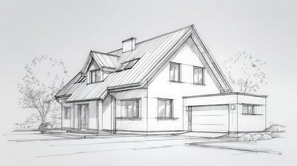 A detailed black and white architectural sketch of a two-story house with a pitched roof, garage, and surrounding trees.